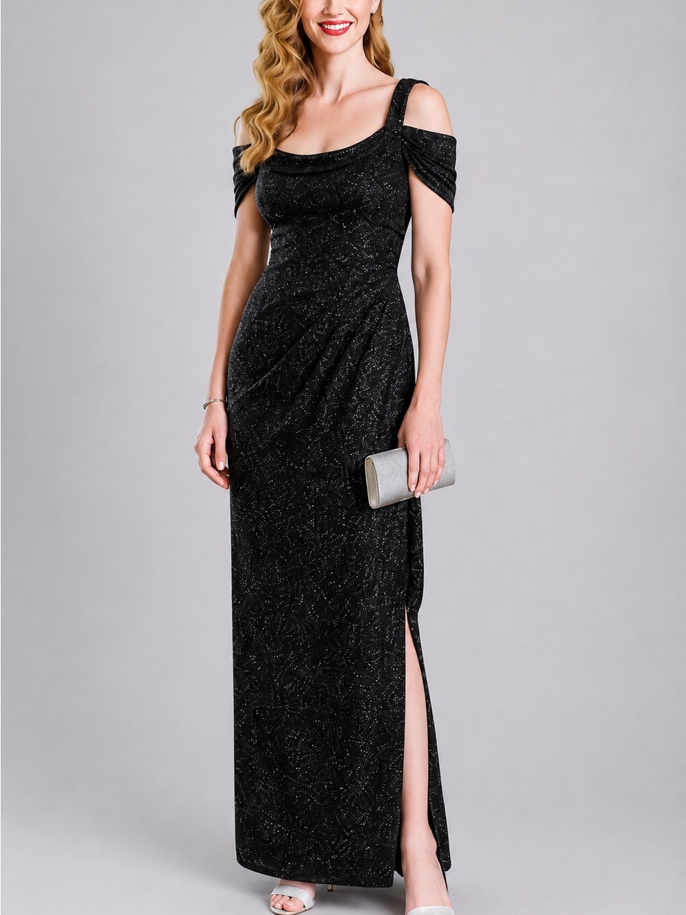 🆕 🖤✨Alex Evening Glitter Mesh Black Dress Draped Skirt Christmas Gown Size 12
